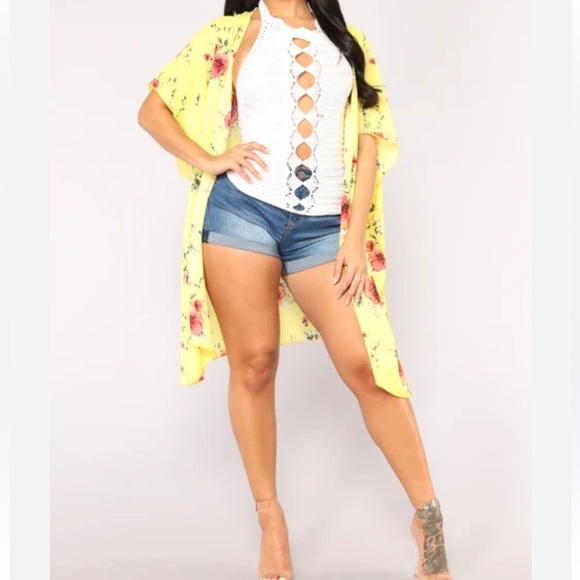 Love J yellow floral print kimono cover up top Sz L - Picture 6 of 7